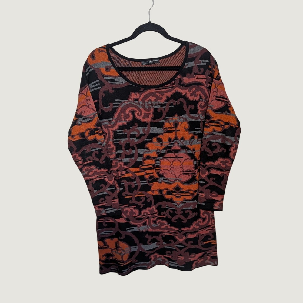 Peruvian Connection Pima Cotton Jacquard Damask Sweater Dress Orange Black S
